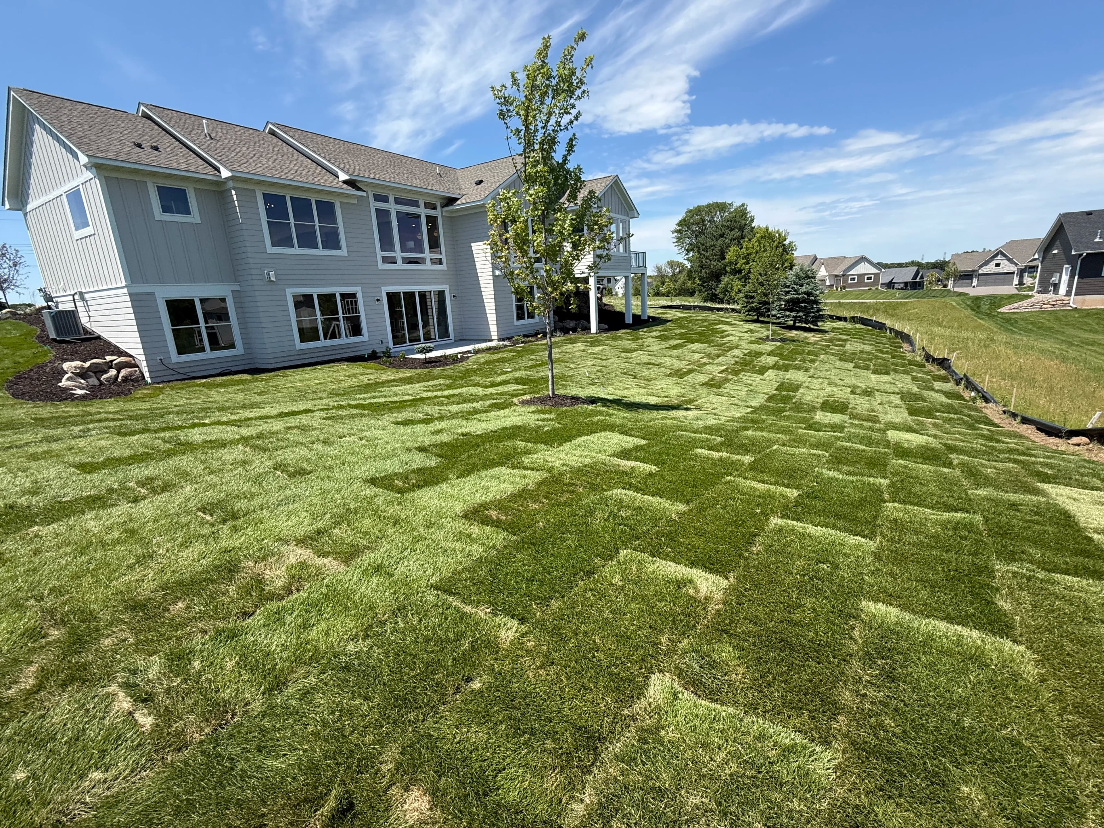 Newly sodded lawn with a modern home in the background and clear blue sky.